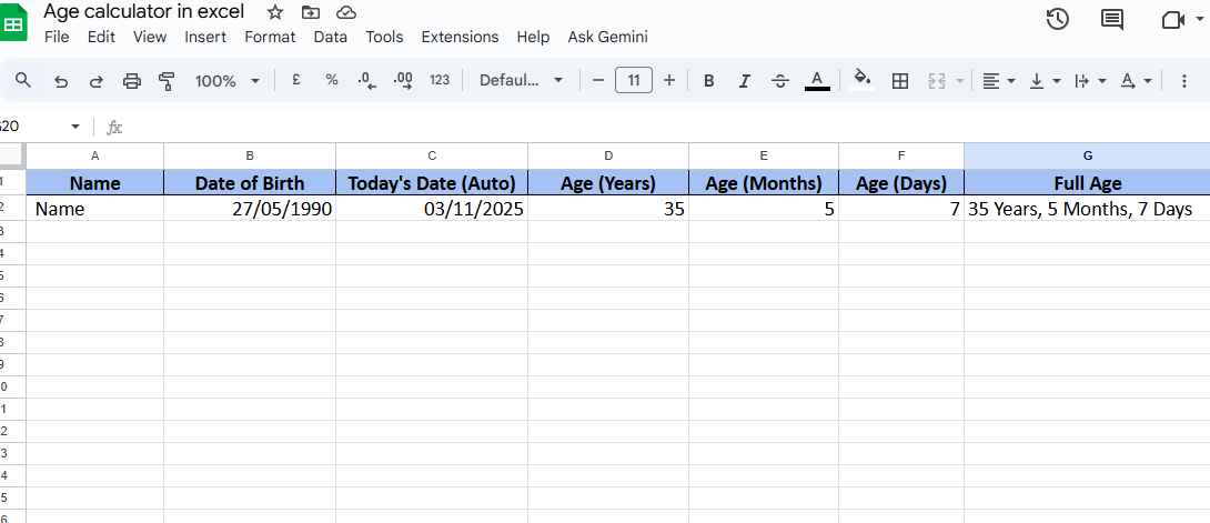 Age Calculator In Excel sheet